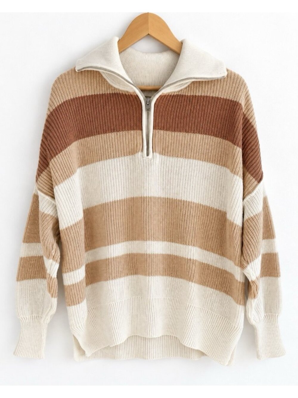 Aerie Beyond Quarter Zip Sweater Oversized Preppy Coastal Brown Cream Stripe XS